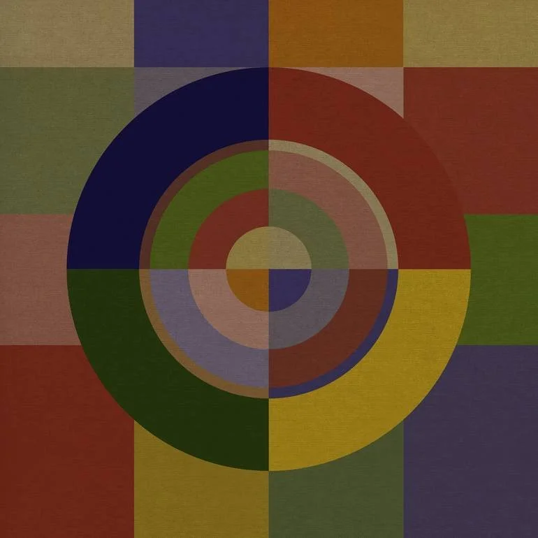 Colorful geometric pattern with concentric circles and squares in various shades of red, green, yellow, blue, and purple. Artist Czar Catstick via BFA Gallery Online British Bespoke Fine Art Limited Edition Artworks, Prints 