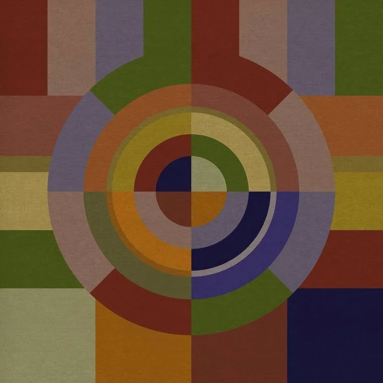 Colorful geometric pattern with concentric circles and rectangular segments in various shades of green, orange, purple, red, blue, and beige. Artist Czar Catstick via BFA Gallery Online British Bespoke Fine Art Limited Edition Artworks, Prints 