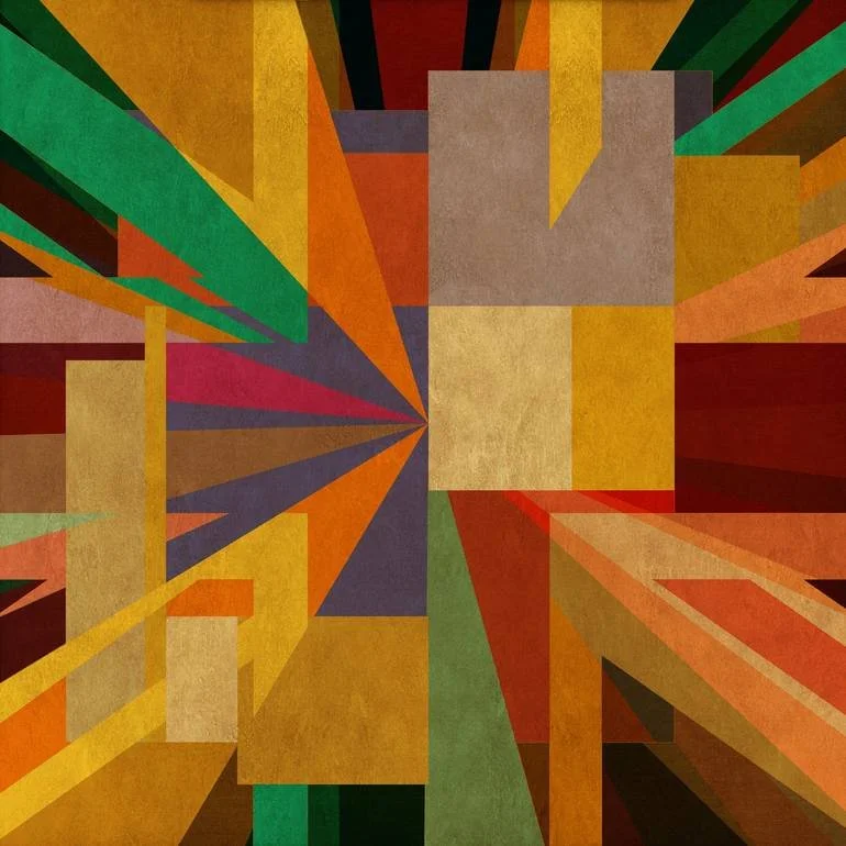Artist Czar Catstick via BFA Gallery Online Fine Art Limited Edition Artworks, Prints and Photography Abstract geometric artwork with colorful rectangles and rays extending outward in shades of red, orange, yellow, green, purple, and black.