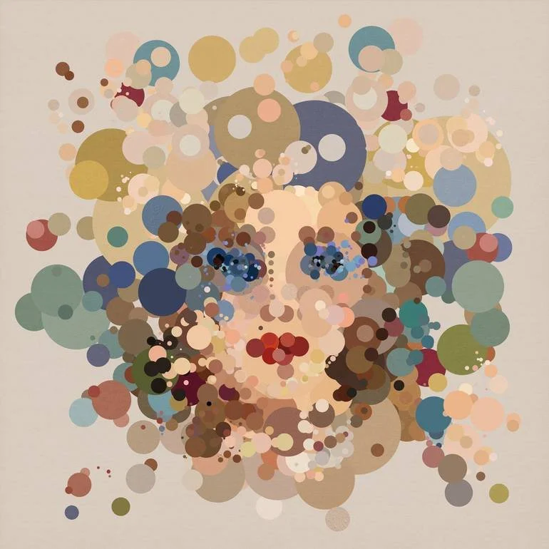 Artist Czar Catstick BFA Online Bespoke British Fine Art Gallery Giclee prints photography Artworks Fizzy Pop Abstract dot artwork depicting a woman's face with makeup and blue eyeshadow, created with multicolored circles.