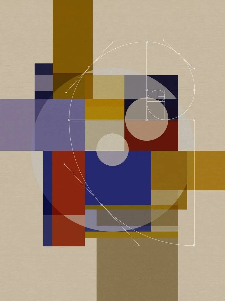 Artist Czar Catstick via BFA Gallery Online Fine Art Limited Edition Artworks, Prints and Photography Abstract geometric art with squares, circles, and lines in shades of beige, blue, red, and yellow, overlaid with white technical drawing elements.