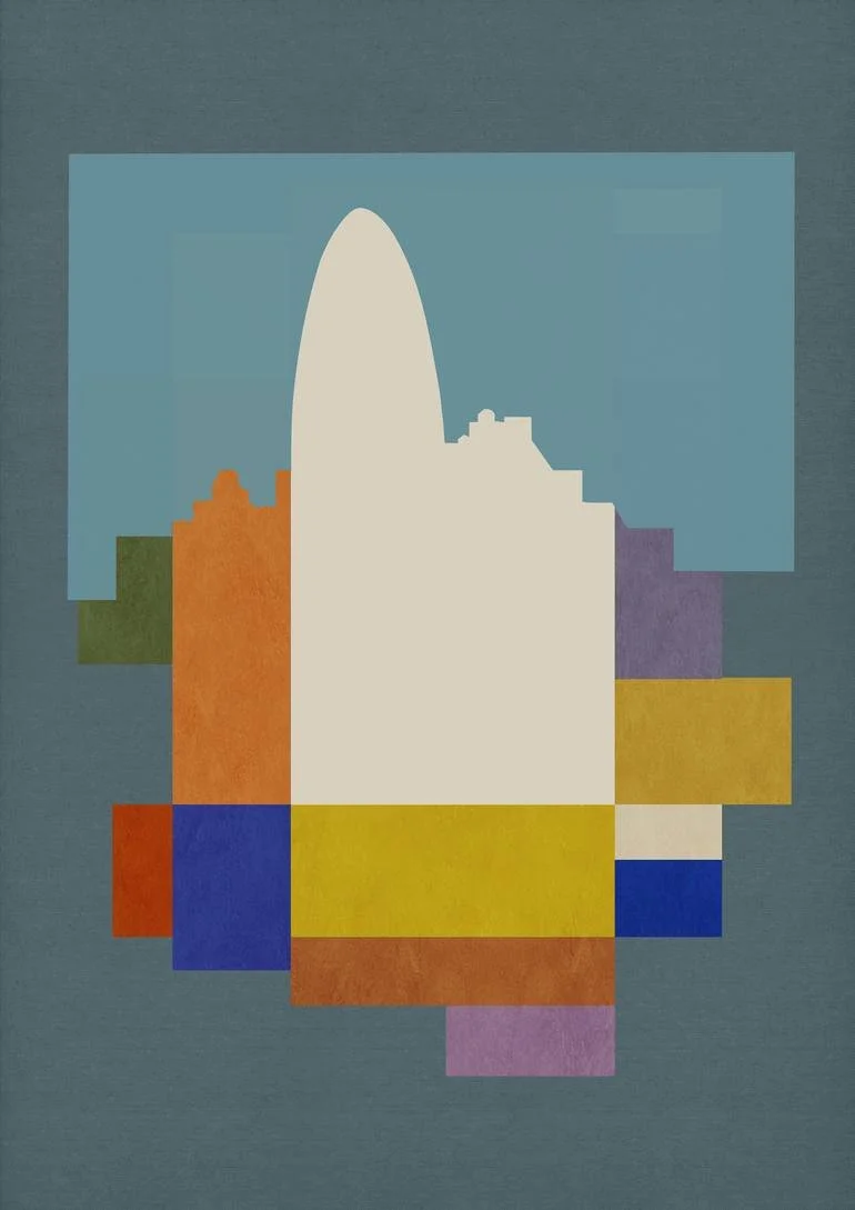 London Shard. Abstract artwork with colorful geometric blocks and a silhouette of a city skyline in the background. Artist Czar Catstick via BFA Gallery Online British Bespoke Fine Art Limited Edition Artworks, Prints 