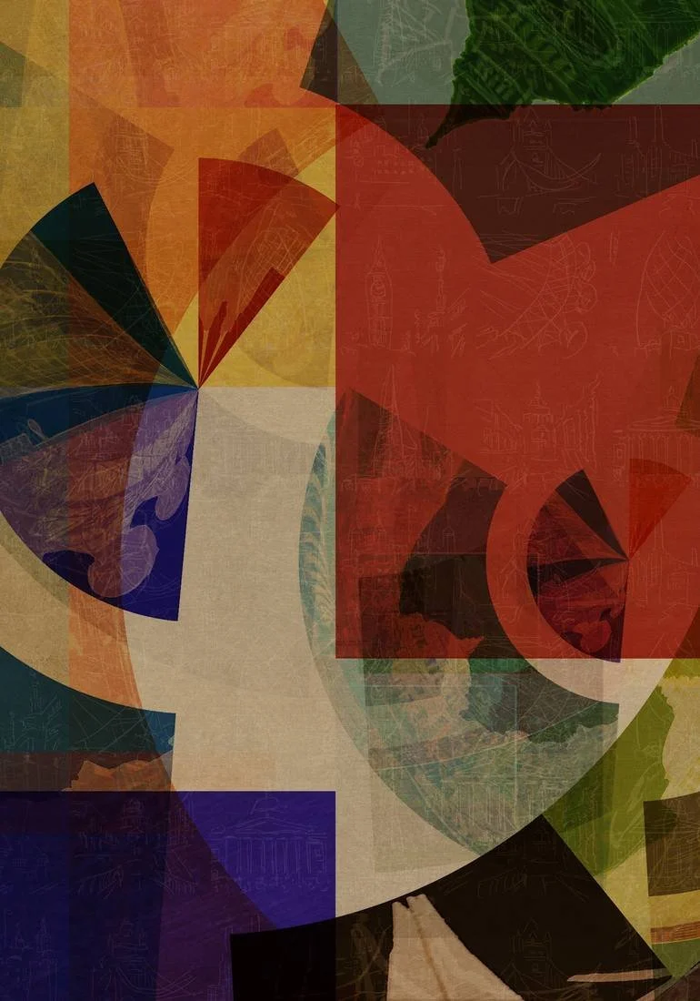 London Abstract geometric artwork with overlapping shapes and colors, including red, green, yellow, blue, and black, with faint line drawings and patterns. BFA Fine Art Limited Edition Prints via BFA Online Gallery Artist Czar Catstick 