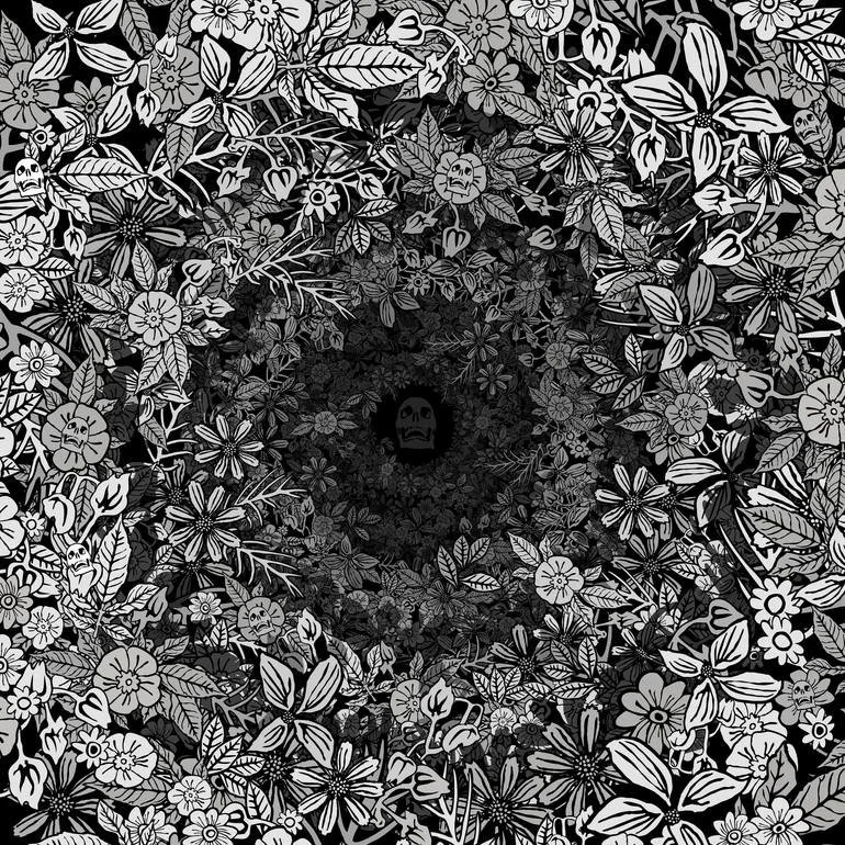 Black and white illustration of flowers and leaves arranged in a circular pattern with a dark hollow center. Artist Czar Catstick via BFA Gallery Online British Bespoke Fine Art Limited Edition Artworks, Prints 