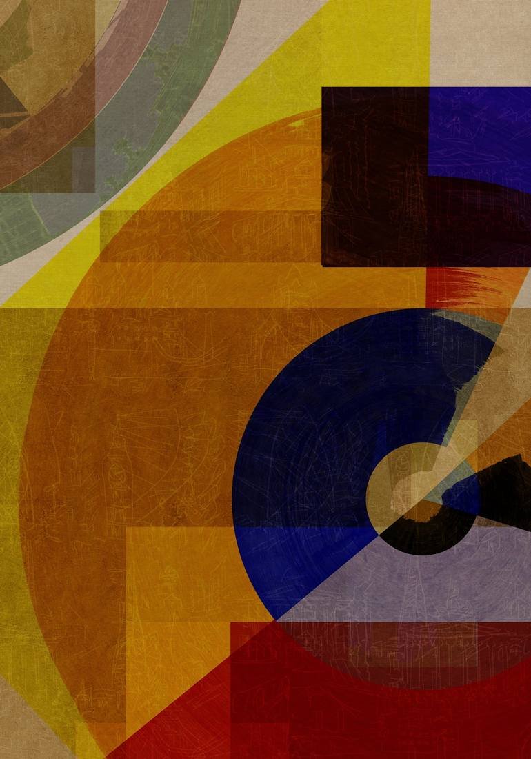 London Abstract geometric artwork with overlapping shapes and colors including yellow, orange, red, blue, black, green, and gray. BFA Fine Art Limited Edition Prints via BFA Online Gallery Artist Czar Catstick 