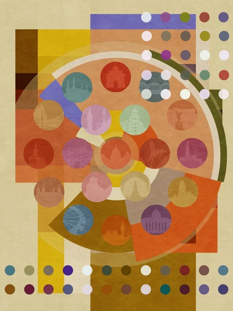 Abstract geometric artwork with colorful circles, squares, and patterns, depicting various London landmarks in silhouette. Artist Czar Catstick via BFA Gallery Online British Bespoke Fine Art Limited Edition Artworks, Prints 