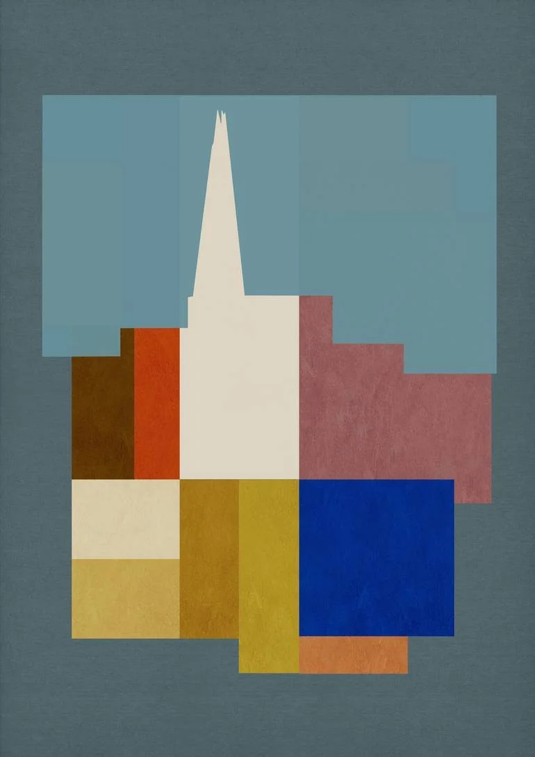 The Shard London. Artist Czar Catstick BFA Online Bespoke British Fine Art Gallery Giclee prints photography London Squares Abstract geometric artwork with various overlapping rectangles and squares in shades of blue, yellow, orange, white, red, brow
