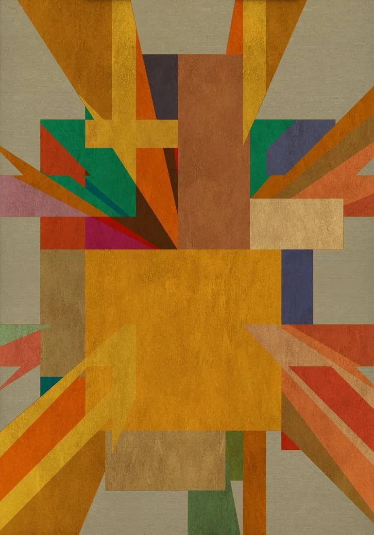 Artist Czar Catstick via BFA Gallery Online Fine Art Limited Edition Artworks, Prints and Photography Abstract geometric artwork featuring vibrant, overlapping shapes and colors including yellow, orange, brown, green, blue, pink, and purple.