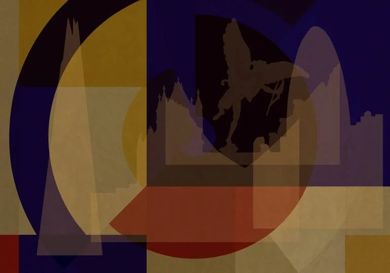 Abstract artwork with overlapping geometric shapes and silhouettes of flying creatures, featuring various shades of yellow, purple, black, and red.