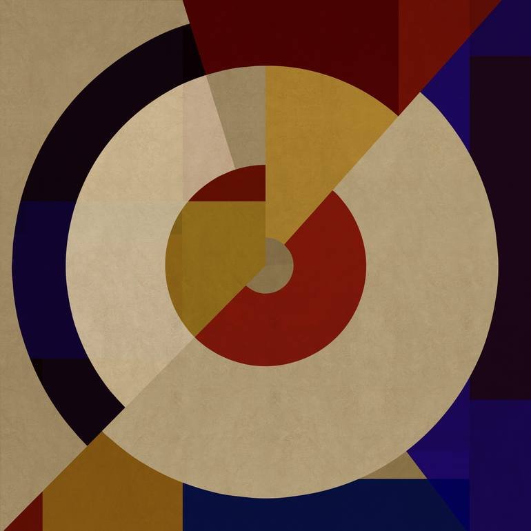 Abstract geometric artwork with concentric circles and triangles in red, yellow, black, navy blue, and beige colors.