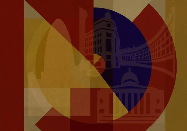 Abstract graphic with geometric shapes and a cityscape silhouette, including a clock tower, in warm tones of red, yellow, and dark blue.