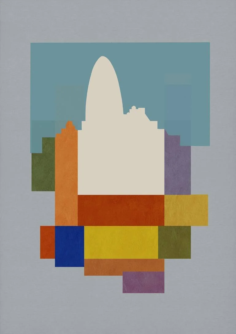 London Gherkin. Abstract colorful geometric artwork featuring overlapping squares and rectangles with a silhouette of a city skyline in the background. Artist Czar Catstick via BFA Gallery Online British Bespoke Fine Art Limited Edition Artworks, Pri