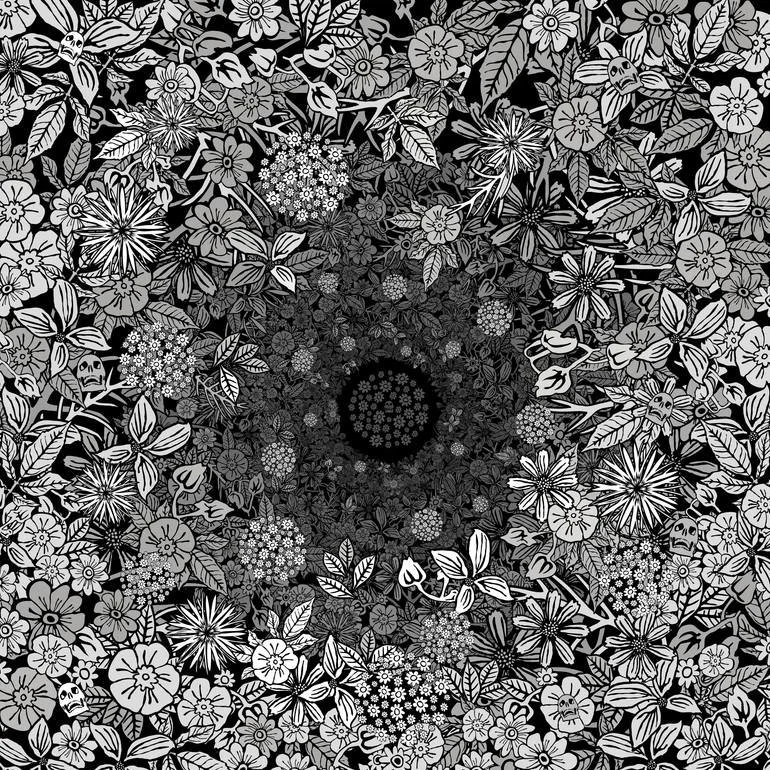 A black and white floral pattern with leaves, flowers, and skulls arranged in a circular, hypnotic design. Artist Czar Catstick via BFA Gallery Online British Bespoke Fine Art Limited Edition Artworks, Prints 