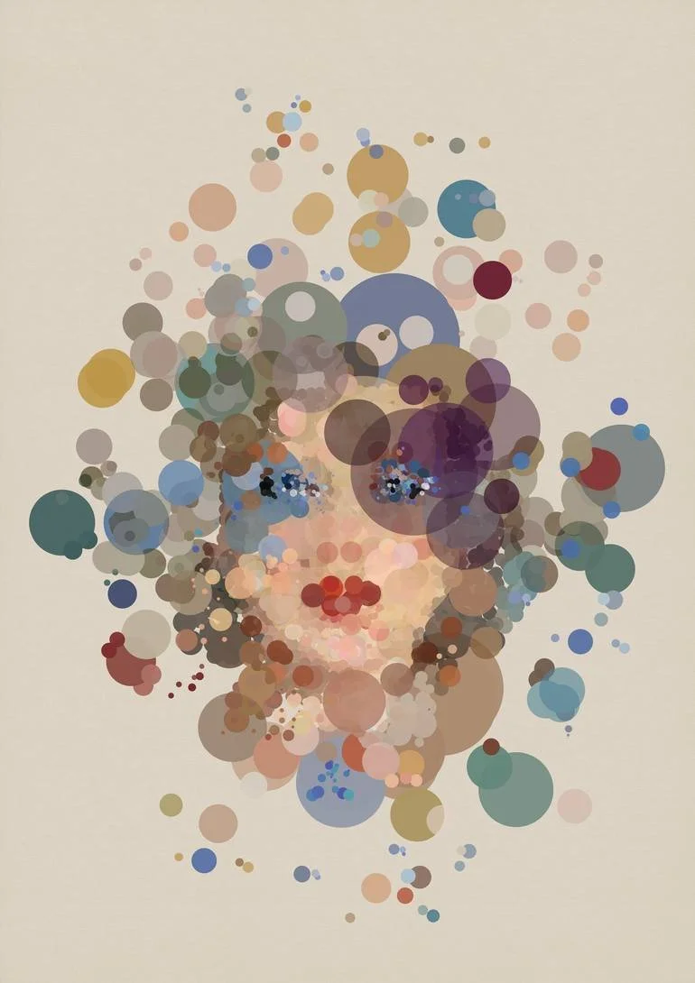 Fizzy Pop Art Portraits. Digital art portrait of a woman's face created with overlapping colorful circles on a light background. Artist Czar Catstick via BFA Gallery Online British Bespoke Fine Art Limited Edition Artworks, Prints 