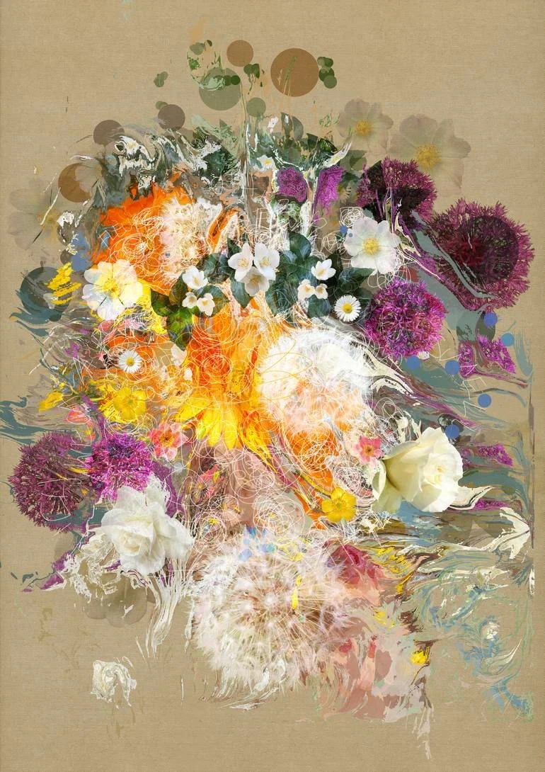 Abstract digital artwork of various colorful flowers, including roses, daisies, and other blooms, set against a beige background with swirling patterns and splashes of color. Artist Czar Catstick via BFA Gallery Online British Bespoke Fine Art Limite
