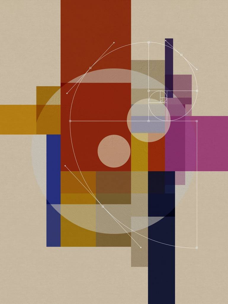 Abstract geometric art with overlapping squares, rectangles, and circles in colors like red, yellow, blue, purple, and beige, with construction lines and curves. Artist Czar Catstick via BFA Gallery Online Fine Art Limited Edition Artworks, Prints an