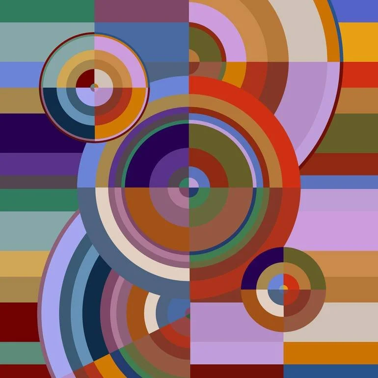 Abstract geometric artwork with multicolored concentric circles and rectangular patterns. Artist Czar Catstick via BFA Gallery Online British Bespoke Fine Art Limited Edition Artworks, Prints 