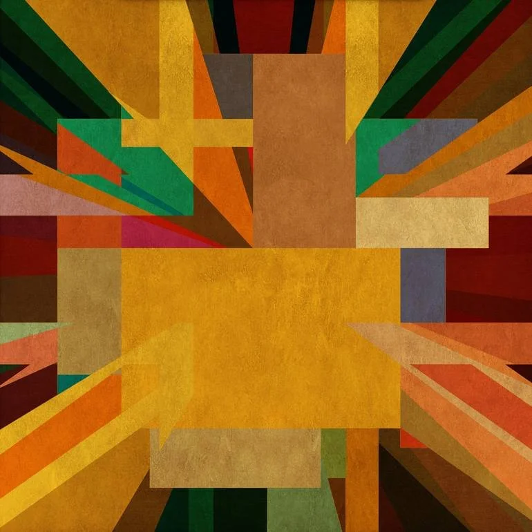 Artist Czar Catstick via BFA Gallery Online Fine Art Limited Edition Artworks, Prints and Photography Abstract geometric artwork with colorful rectangular and triangular shapes radiating from the center, featuring warm tones like yellow, orange, red,