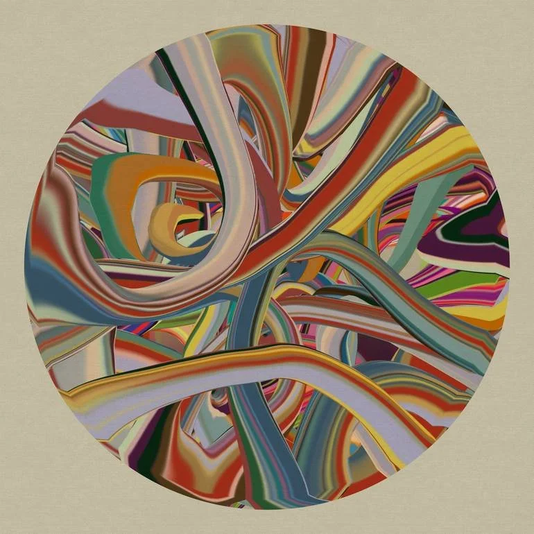 Abstract swirling multicolored lines within a circular shape on a beige background.