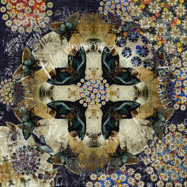 A kaleidoscopic collage featuring sheep faces, colorful floral patterns, and overlapping handwritten text with circular motifs. Artist Czar Catstick via BFA Gallery Online British Bespoke Fine Art Limited Edition Artworks, Prints 