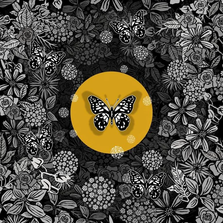 Artist Czar Catstick via BFA Gallery Online Fine Art Limited Edition Artworks, Prints and Photography Black and white floral background with several butterflies, centered on a yellow circle.