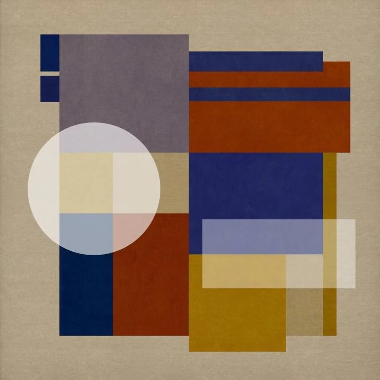 A modern abstract artwork featuring overlapping rectangles and circles in shades of blue, gray, beige, red, yellow, and white on a neutral background. Artist Czar Catstick via BFA Gallery Online British Bespoke Fine Art Limited Edition Artworks, Prin