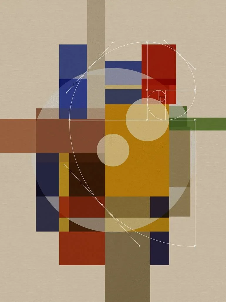 Artist Czar Catstick via BFA Gallery Online Fine Art Limited Edition Artworks, Prints and Photography Abstract geometric artwork featuring rectangles, squares, circles, and lines in shades of blue, red, yellow, green, brown, and beige.