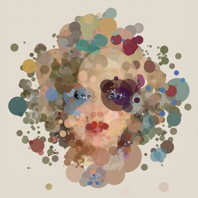 Avril. Fizzy Pop Art Composition. Abstract digital artwork of a woman's face made up of multicolored circles, with blue eyes and red lips, on a beige background. Artist Czar Catstick via BFA Gallery Online British Bespoke Fine Art Limited Edition Art
