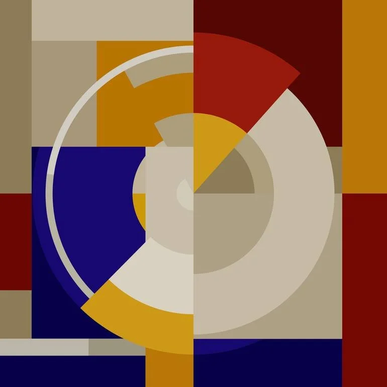 Abstract geometric artwork with concentric circles and rectangles in shades of beige, gold, red, blue, and brown.