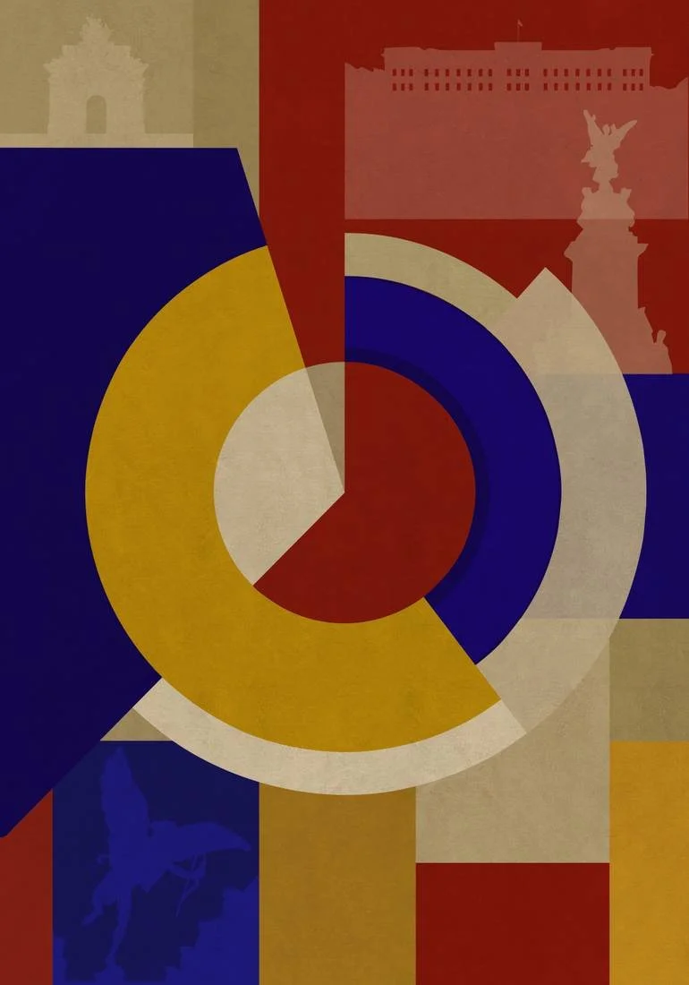 Abstract artwork with concentric circles and segments in red, blue, yellow, and beige, overlaid with semi-transparent silhouettes of a building, a statue, and a fish.
