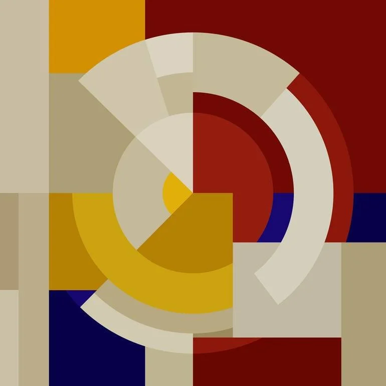 Abstract geometric artwork with concentric circles and rectangles in shades of beige, red, yellow, blue, and brown.