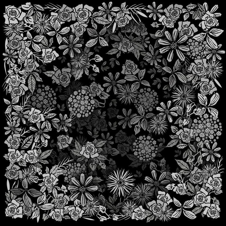 Artist Czar Catstick via BFA Gallery Online Fine Art Limited Edition Artworks, Prints and Photography Op Art Surreal 3d Black and white floral pattern with roses, leaves, and various flowers.