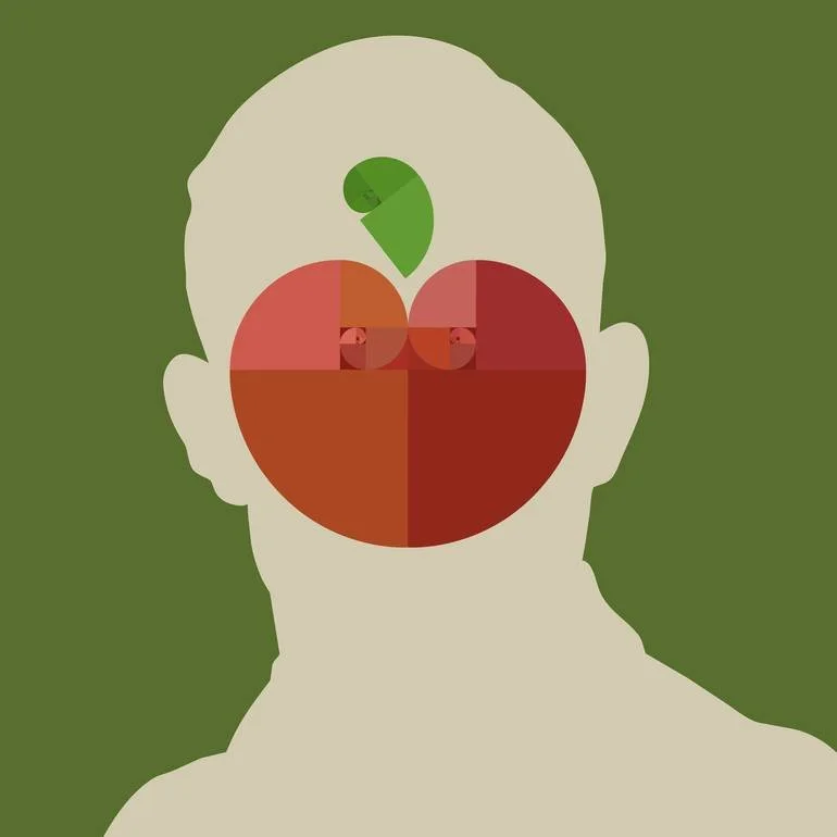 Alan Turing Digital Portrait via BFA Bespoke Fine Arts Gallery Artist Czar Catstick composed of geometric shapes fibonacci and various shades of red, green, and beige, set against a green background.
