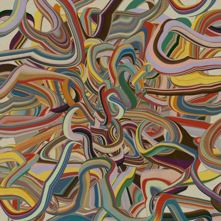 Abstract artwork with colorful, swirling, intertwined lines and shapes.