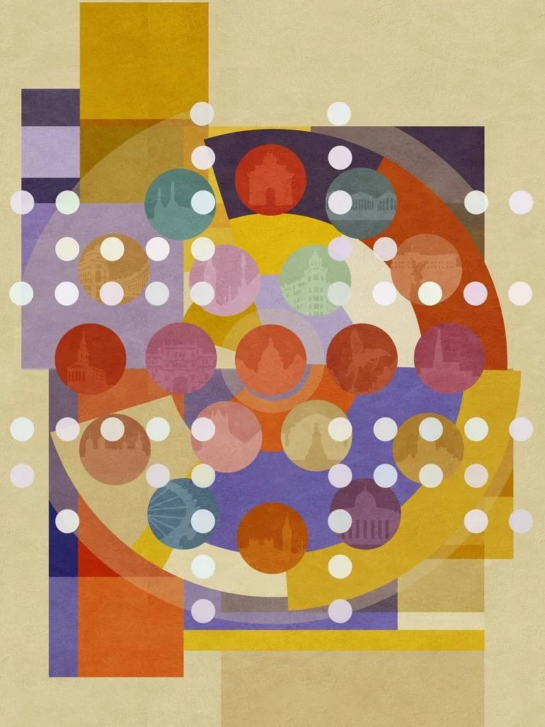Artist Czar Catstick BFA Online Bespoke British Fine Art Gallery Giclee prints photography Abstract geometric artwork with circles, squares, and rectangles in shades of purple, orange, yellow, and beige, overlaid with faint architectural silhouettes.