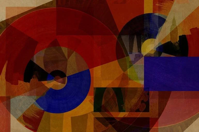 BFA Fine Art Limited Edition Prints via BFA Online Gallery London Abstract geometric artwork featuring overlapping circles, squares, and triangles in shades of red, blue, green, black, and yellow.