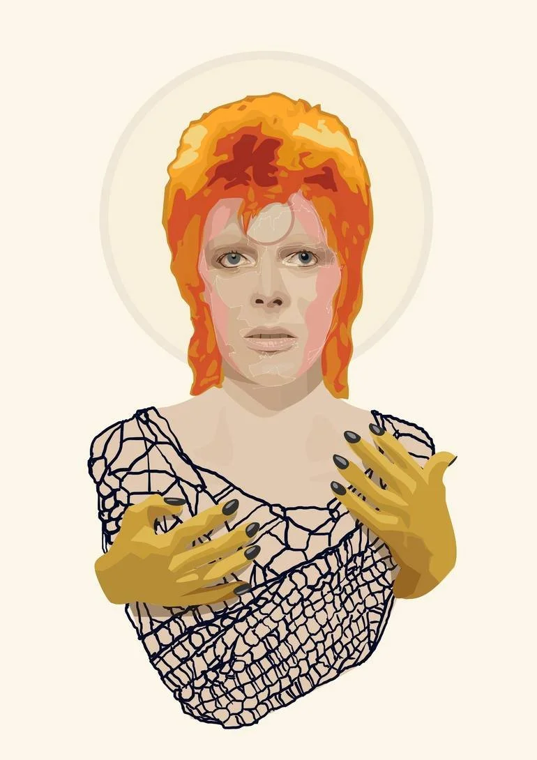 Artist Czar Catstick via BFA Gallery Online Fine Art Limited Edition Artworks, Prints and Photography Digital artwork of David Bowie as Ziggy Stardust with bright red hair, pale face, wearing a black fishnet top, with yellow gloves and black nails, w