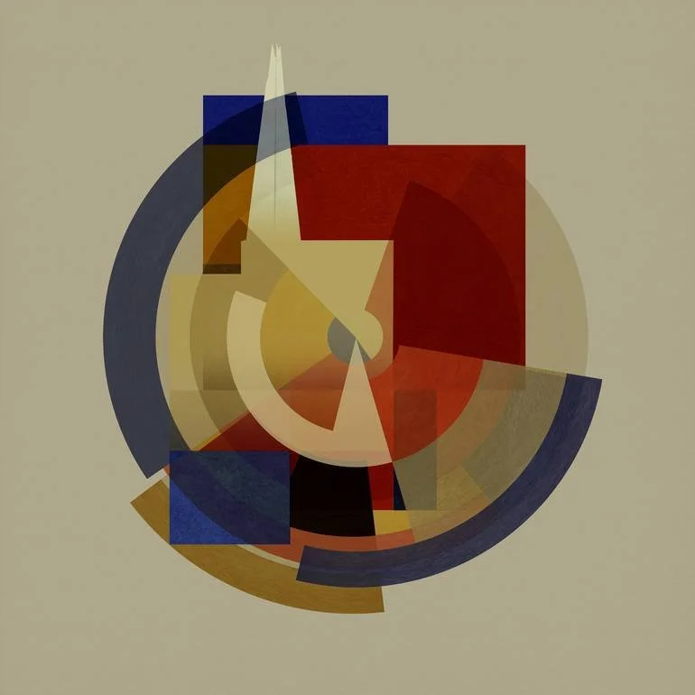 London Shard BFA Fine Art Limited Edition Prints via BFA Online Gallery Artist Czar Catstick Abstract geometric artwork featuring overlapping circles and squares in shades of red, blue, yellow, black, and beige.