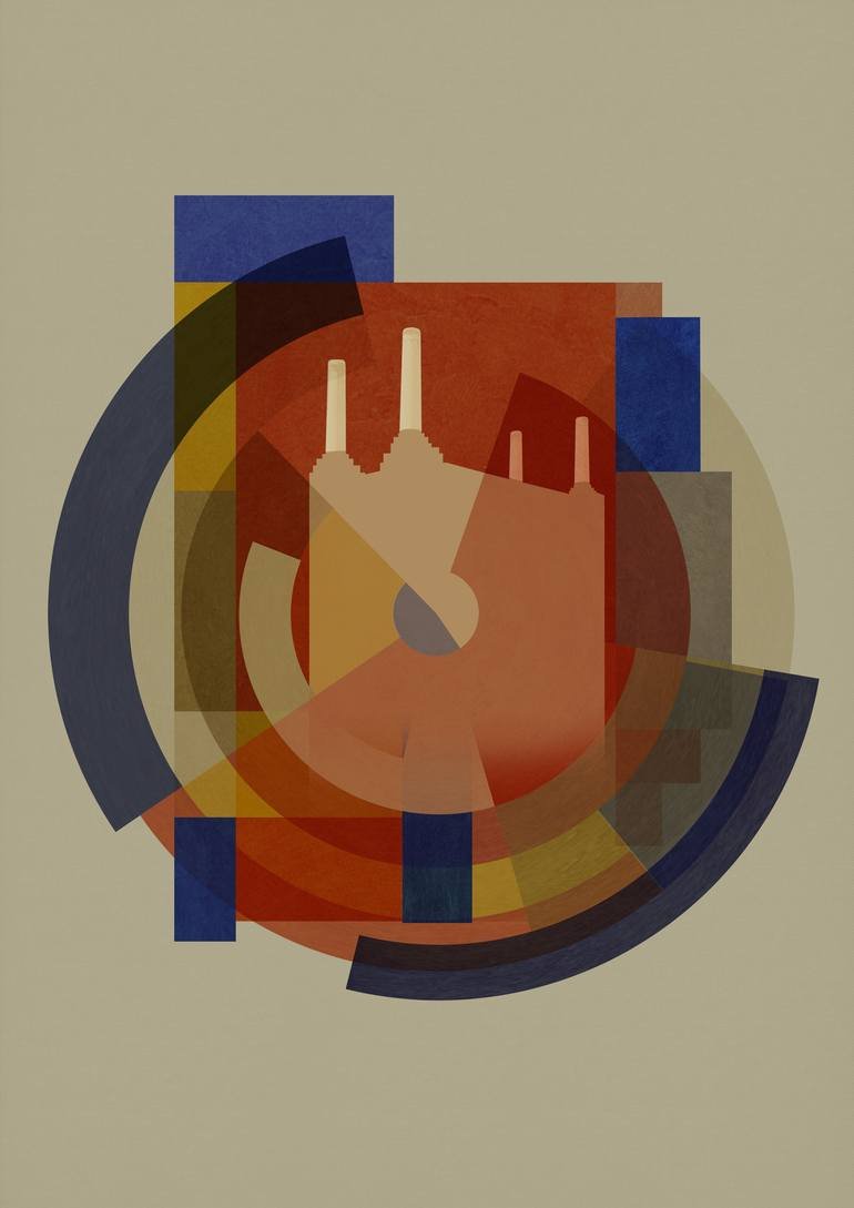 Abstract geometric artwork of Battersea Power Station , surrounded by various colored squares and semi-circular shapes. BFA Fine Art Limited Edition Prints via BFA Online Gallery Artist Czar Catstick 