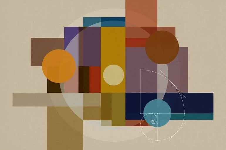 Artist Czar Catstick via BFA Gallery Online Fine Art Limited Edition Artworks, Prints and Photography Abstract geometric art with overlapping rectangles, squares, and circles in shades of beige, blue, purple, orange, and brown.