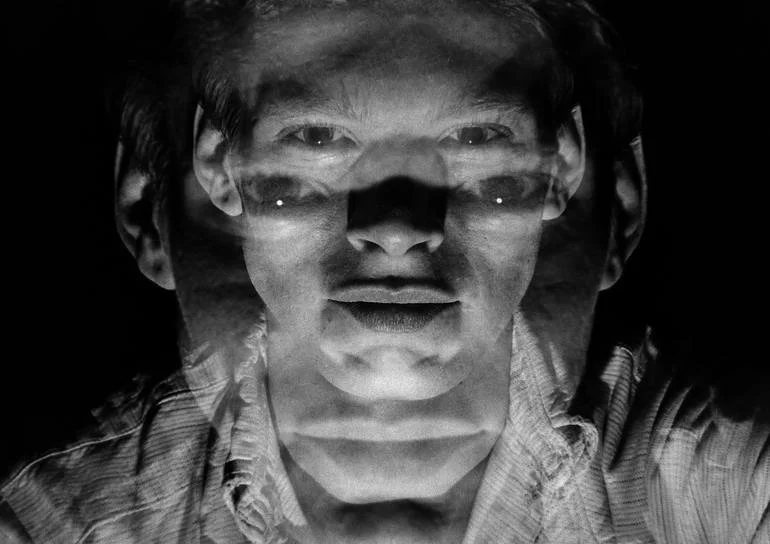 Self Portraits, Retro Collection. A double-exposure black and white photograph of a man's face superimposed with a multiple exposre, creating an artistic layered image. Artist Czar Catstick BFA Hub Online British Bespoke Fine Art Gallery Fine Art Pri