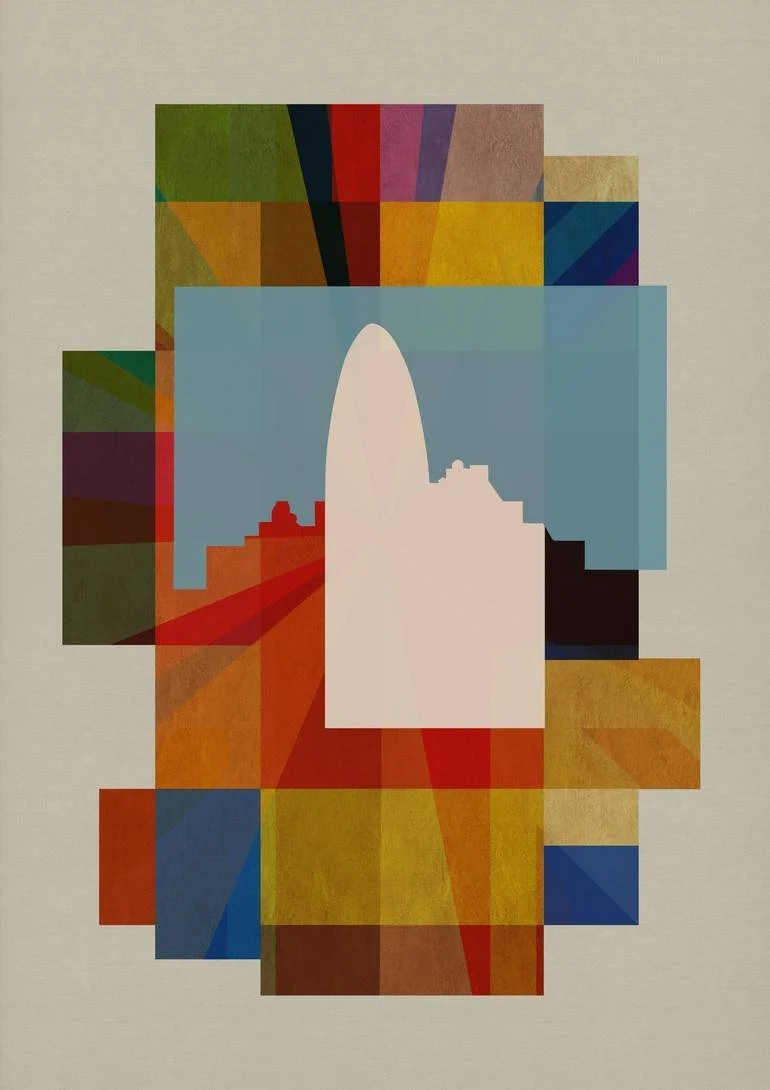 Abstract geometric artwork featuring a stylized depiction of London Gherkin St Mary's Axe, composed of colorful rectangles and triangles. Artist Czar Catstick via BFA Gallery Online British Bespoke Fine Art Limited Edition Artworks, Prints 