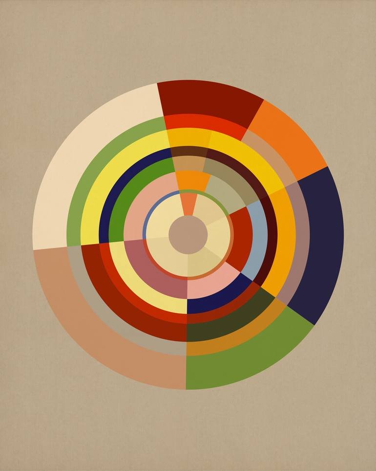 Color wheel with concentric circles in various colors on a beige background. Artist Czar Catstick via BFA Gallery Online British Bespoke Fine Art Limited Edition Artworks, Prints 