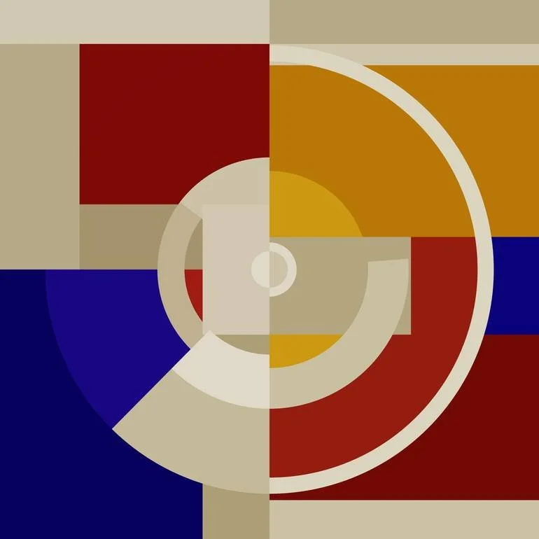 Abstract geometric art with concentric circles and squares in beige, red, yellow, and blue colors.