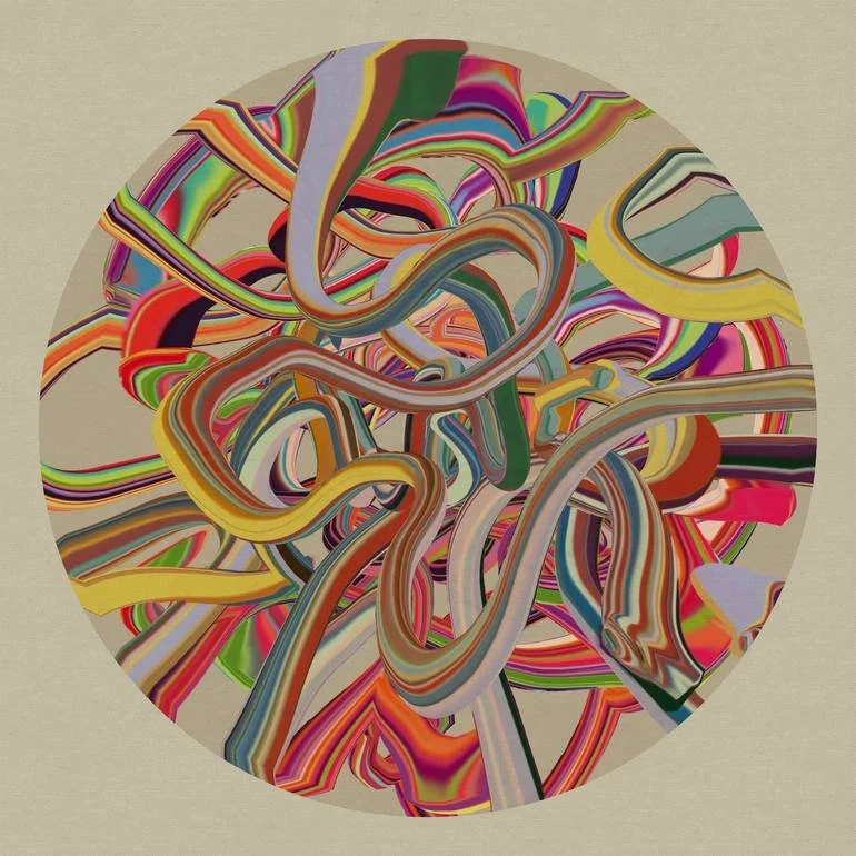 Abstract circular artwork with multicolored, swirling, and twisting lines and shapes.
