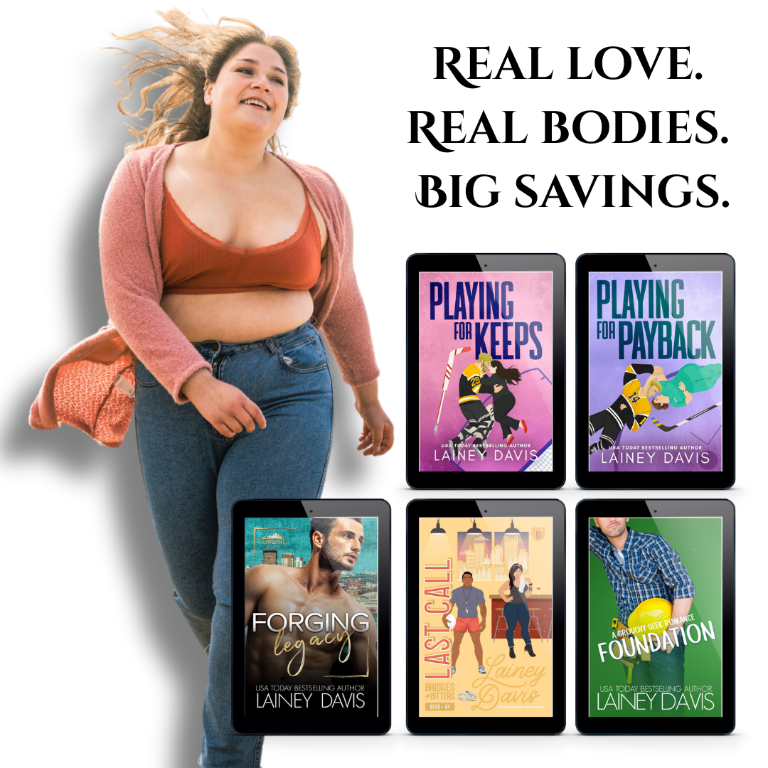 a plus size woman in a crop top smiles behind a row of ebook covers featuring plus sized heroines