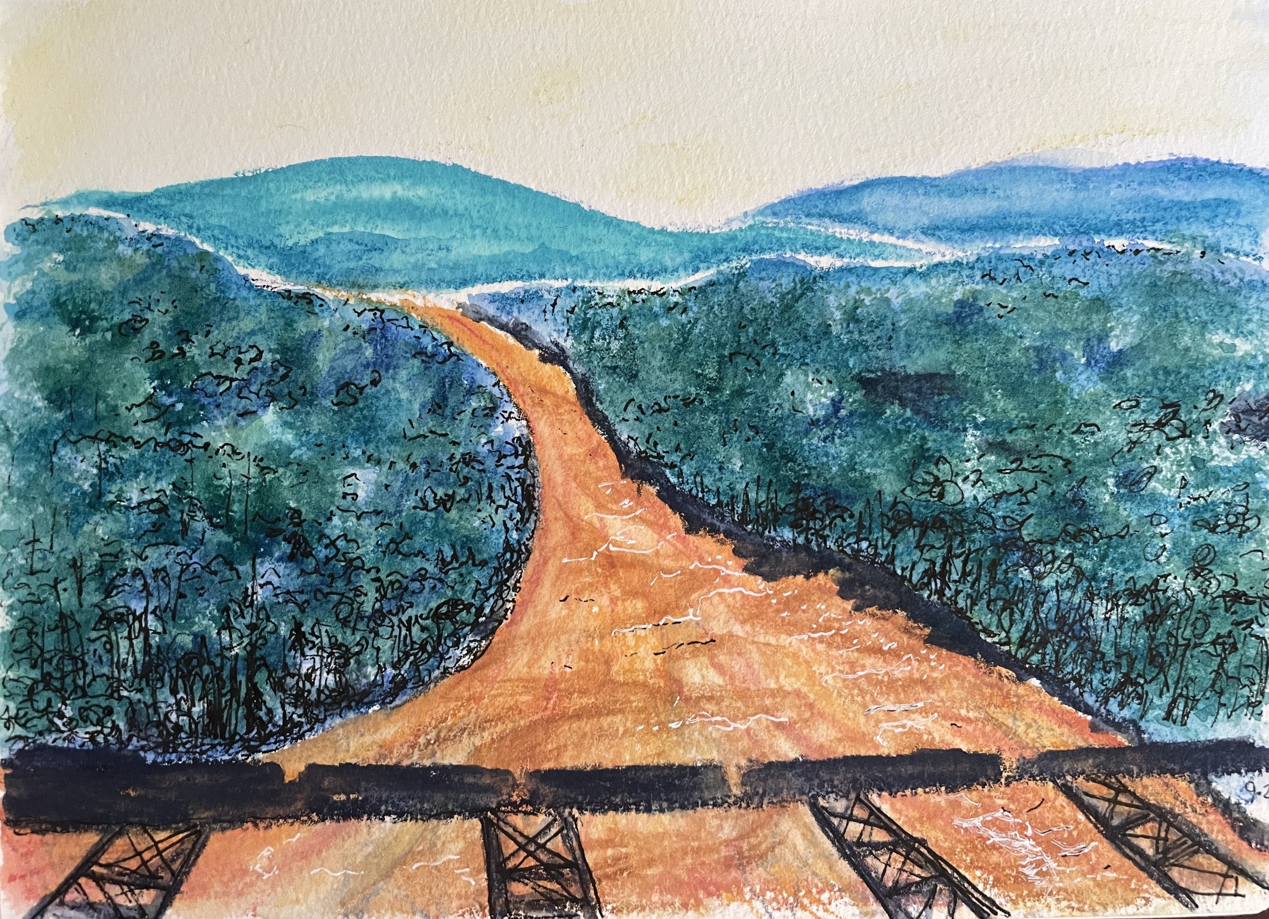 Train shadow at moon set - pastel