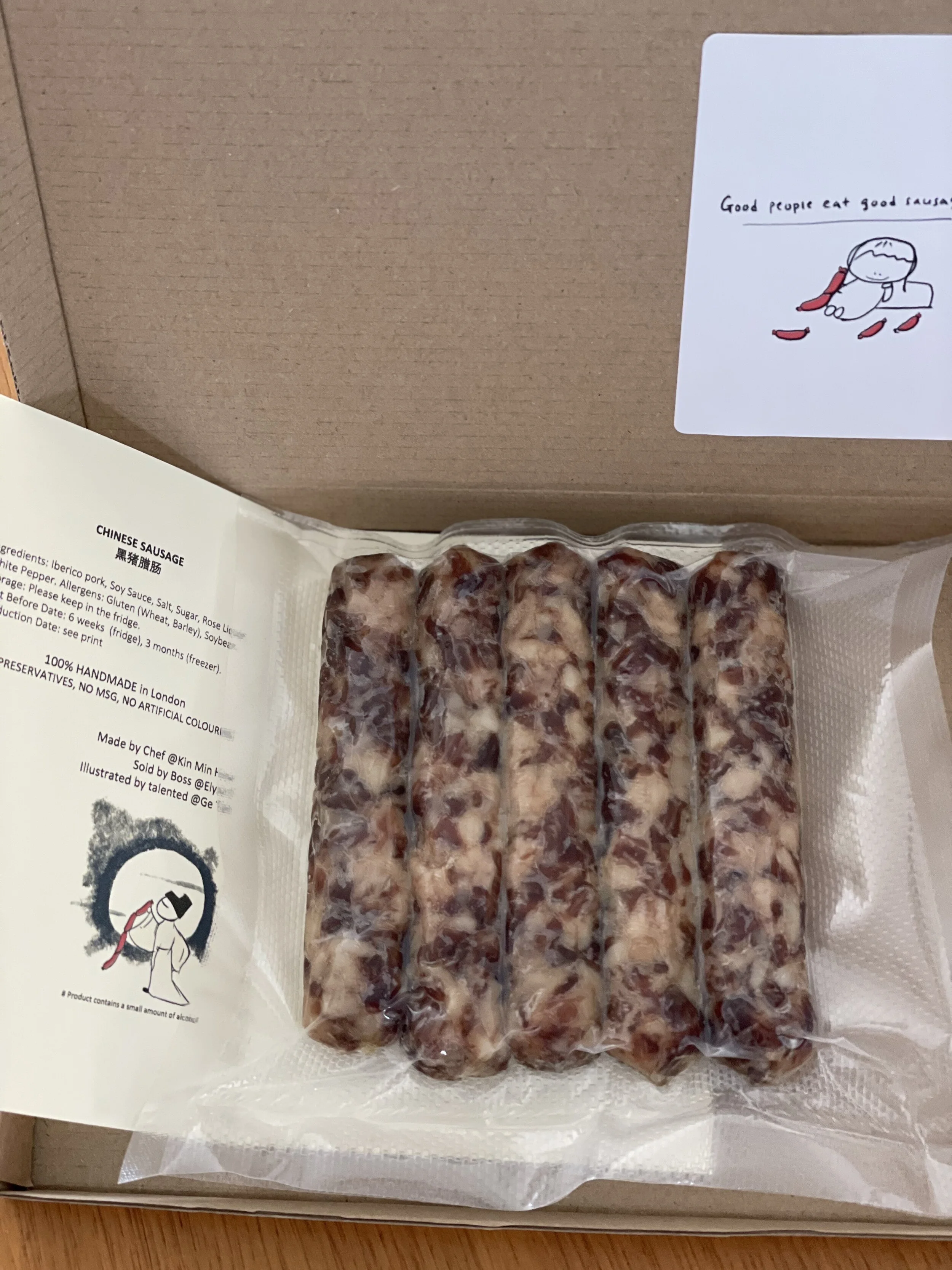 Handmade Chinese Sausage (lap cheong)             100% Iberico pork.                                                                      No MSG, NO preservatives, No artificial colours. Due to popular demand, we have a 6-8 weeks waiting list. Pleas…