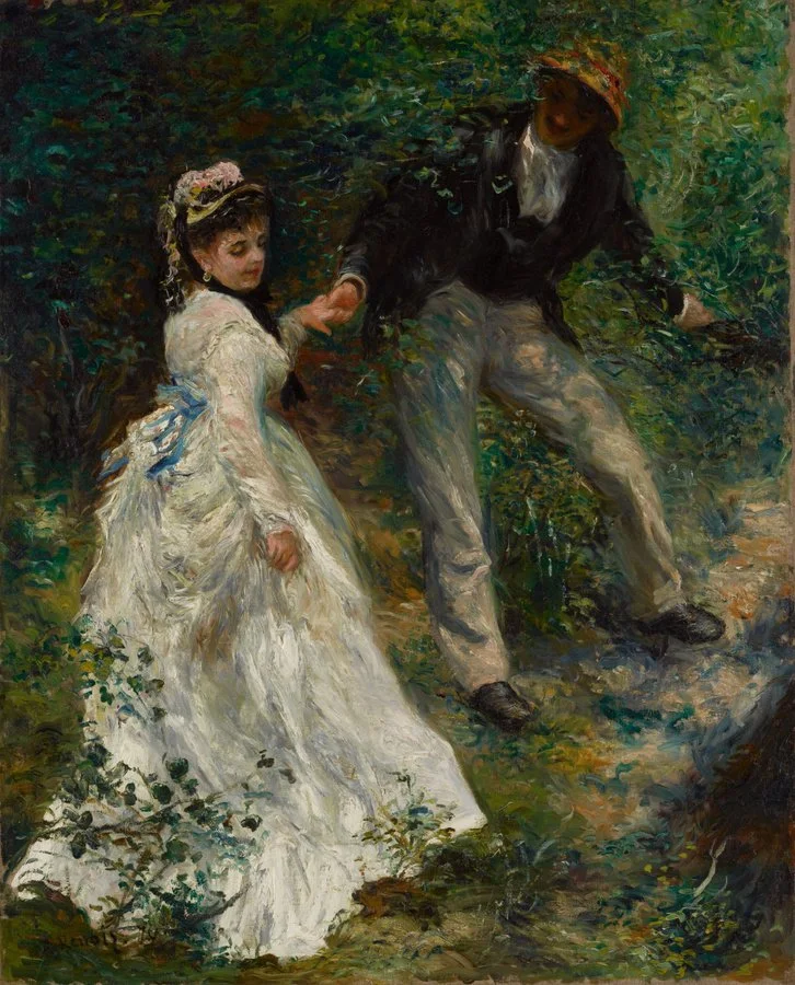 Pintura de un hombre y una mujer jóvenes caminando por un sendero rodeados de vegetación; la mujer viste un vestido blanco y lleva una diadema con flores, el hombre lleva ropa oscura y sombrero.