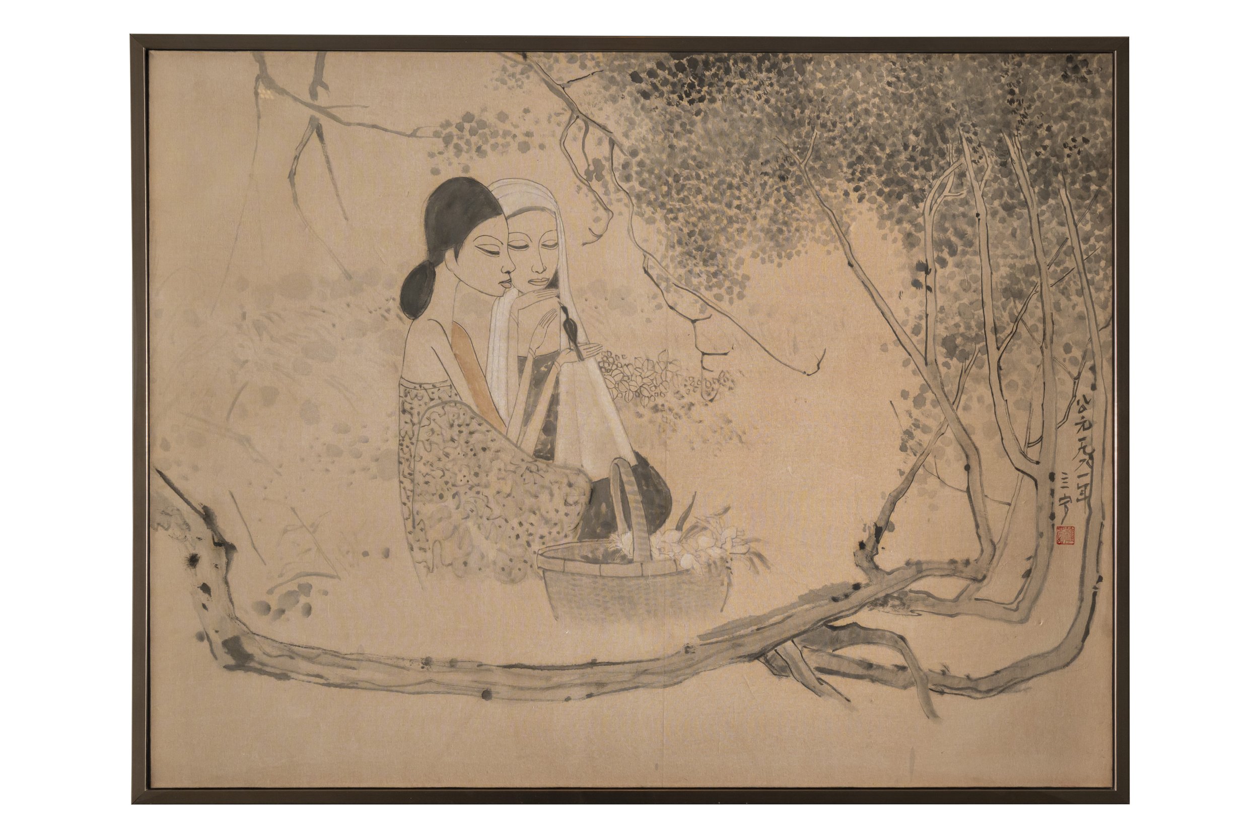 CHEONG SOO PIENG // Malay Girls with Bird
马来少女与鸟, 1981 // Chinese Ink and Colour on Cloth // 102 × 134 cm